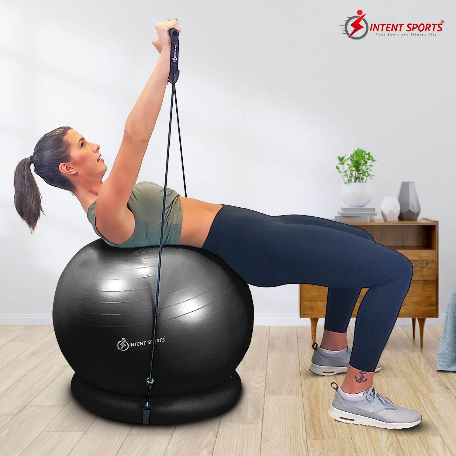 INTENT SPORTS Yoga Ball Chair – Stability Ball with Inflatable Stability Base & Resistance Bands, Fitness Ball for Home Gym, Office, Improves Back Pain, Core, Posture & Balance (65 cm)(Black) - zenfulharmony.com