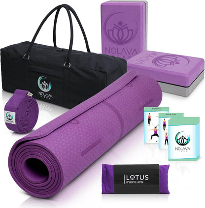 NOLAVA Yoga Mats & Complete Sets - TPE, Non-Slip, Eco-Friendly - Includes Mat, Blocks, Strap, & More (6pc or 7pc Sets) - For Pilates, Yoga & Fitness - zenfulharmony.com