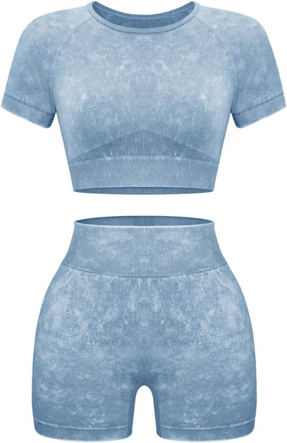 OLCHEE Womens Workout Sets 2 Piece - Seamless Acid Wash Yoga Outfits Shorts and Crop Top Matching Gym Athletic Clothing Set - zenfulharmony.com