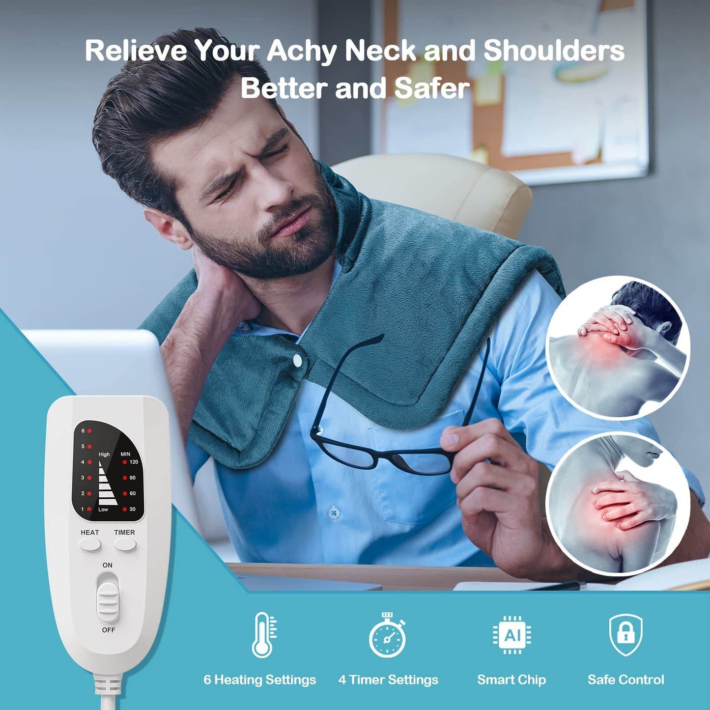 Heating Pad for Neck and Shoulders, NIUONSIX Christmas Gifts for Women Mom Wife Men Dad, Weighted Electric Heating Pad for Back Pain Relief 6 Heat Settings 4 Timers Auto Off, Blue - zenfulharmony.com