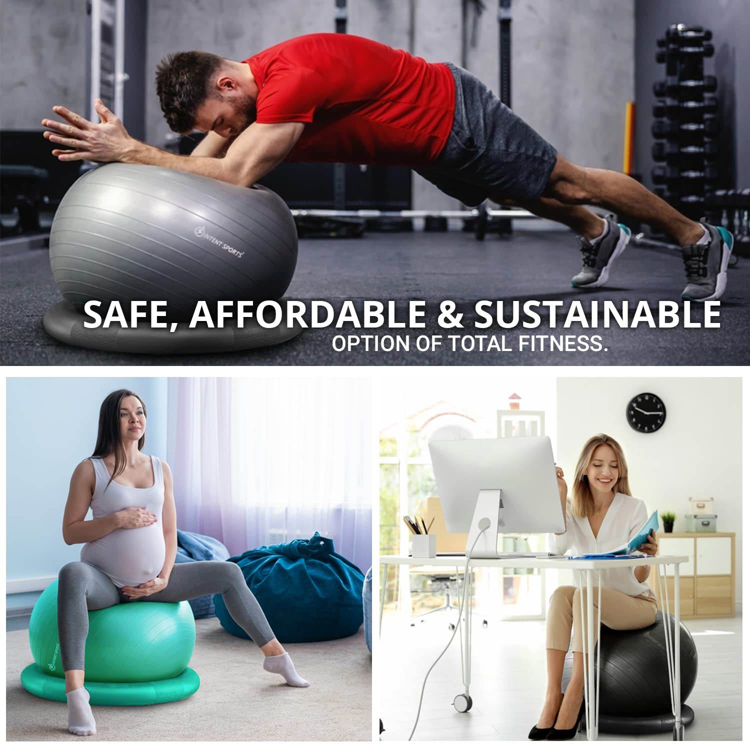 INTENT SPORTS Yoga Ball Chair – Stability Ball with Inflatable Stability Base & Resistance Bands, Fitness Ball for Home Gym, Office, Improves Back Pain, Core, Posture & Balance (65 cm)(Black) - zenfulharmony.com