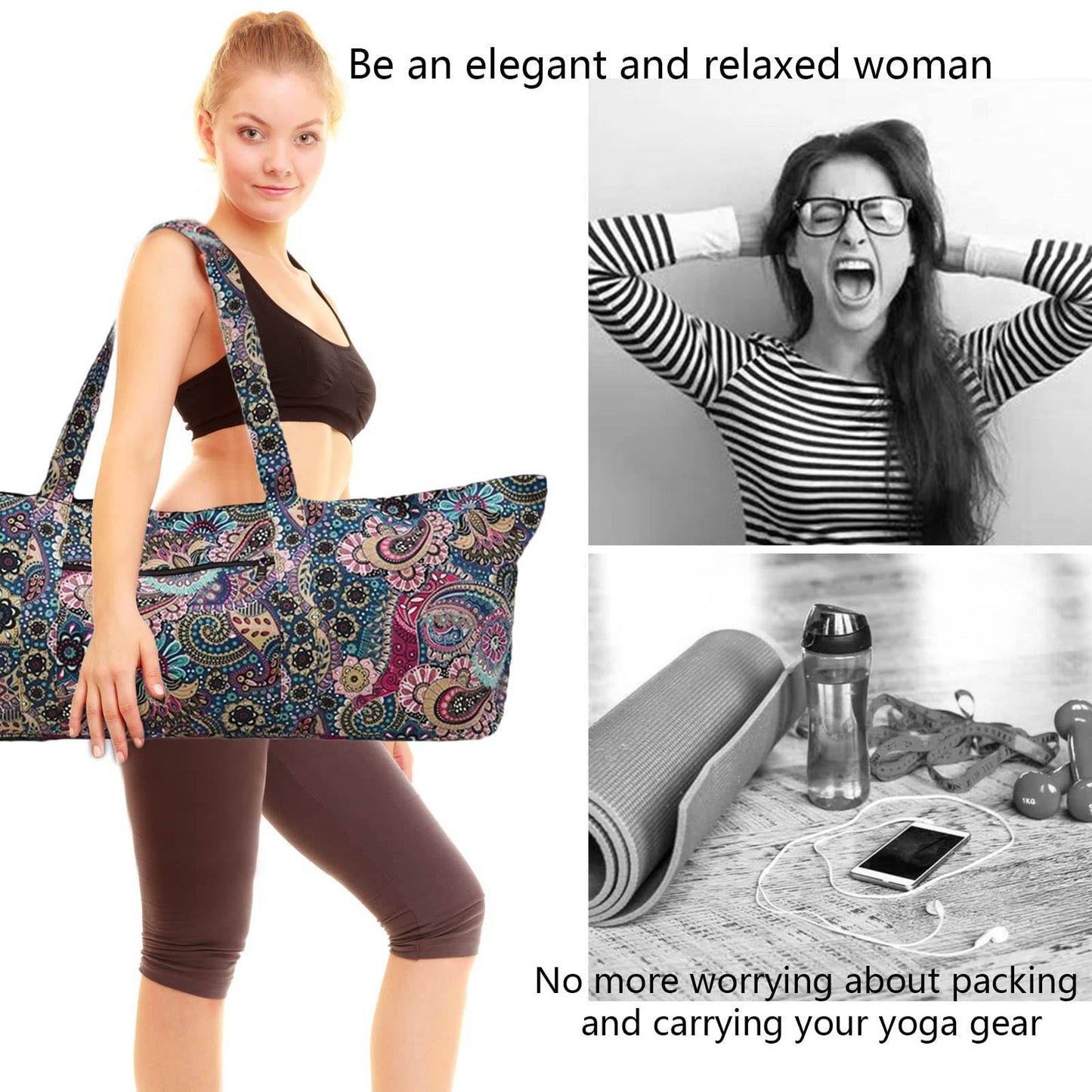IwIeIaIrI Flower Pattern zipper yoga Mat Bag Duffle Bag Large Multipurpose Exercise Yoga Mat Bag and Yoga Mat tote bag Strap Zipper Pockets - zenfulharmony.com