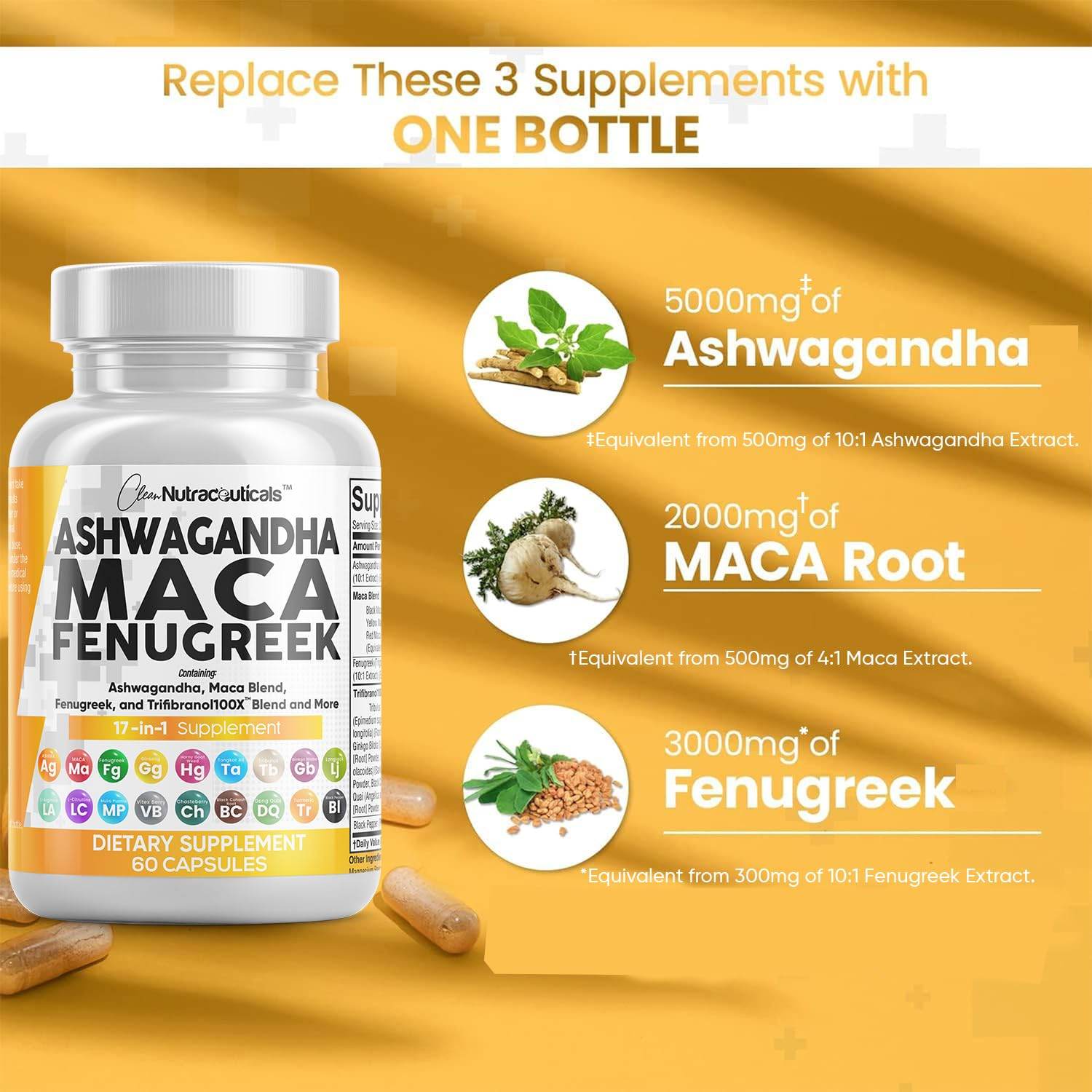 Clean Nutraceuticals Ashwagandha 5000mg Maca Root 2000mg Fenugreek 3000mg Supplement with Tongkat Ali Ginseng - Assists with Stress, Mood & Thyroid - Ashwagandha Capsules Fenugreek Caps - 60 Count - zenfulharmony.com