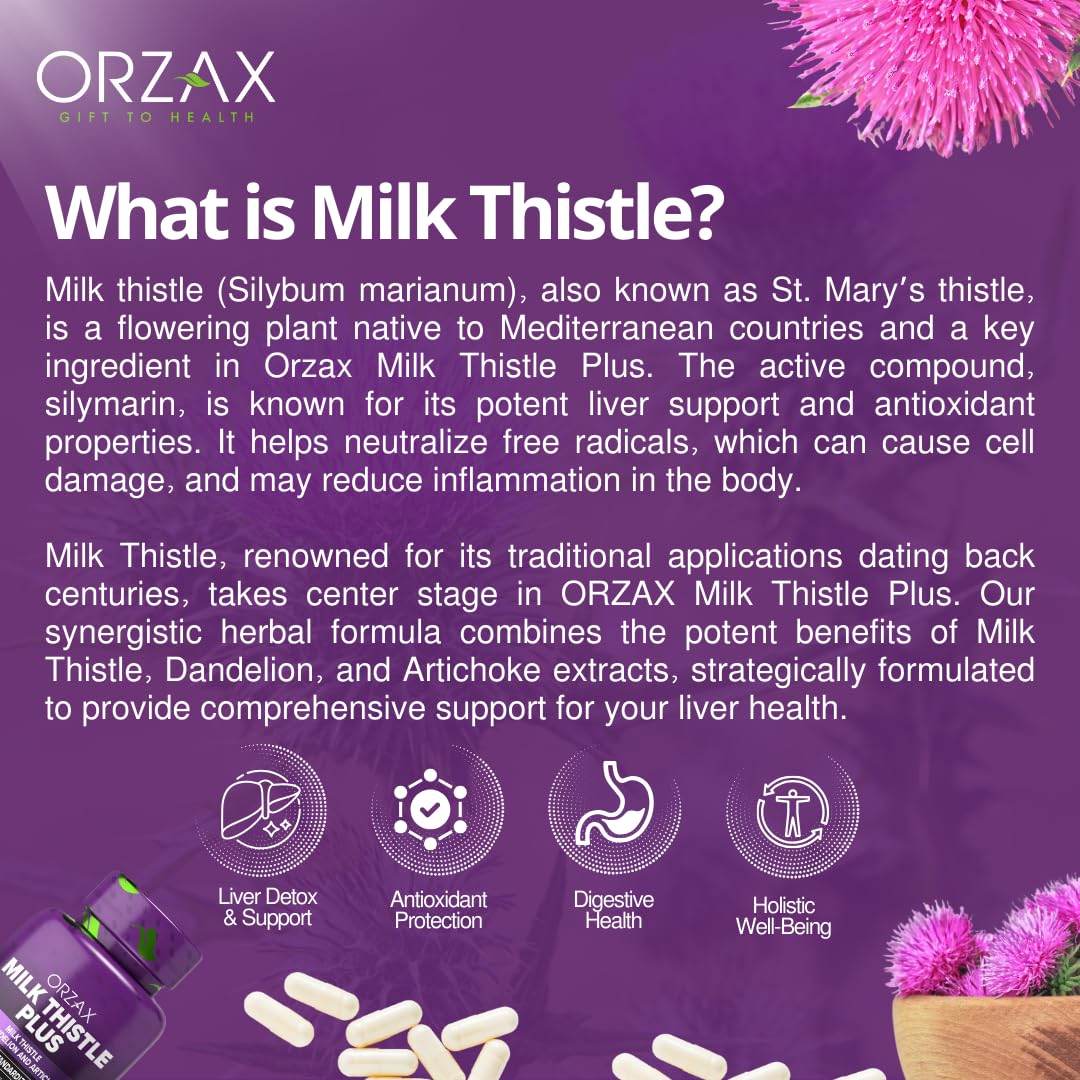 ORZAX Milk Thistle 250 mg - Herbal Supplement with 80% Silymarin Supplement, Dandelion, Artichoke Extract - Halal and Dairy-Free - 120 Vegetable Capsules - zenfulharmony.com