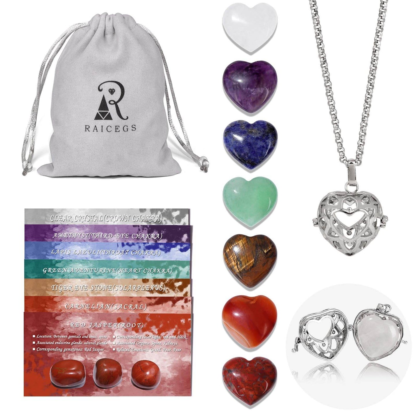 Raicegs Heart Shaped Crystals and Healing Stones 7 Chakra Crystal Necklace 0.8 inch Heart Gemstones Natural Stones Necklaces for Women Spiritual Gift for Women Teen Gir - zenfulharmony.com