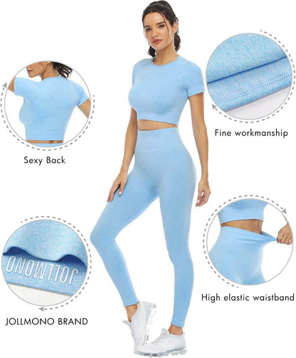2 Piece Short Sleeve Outfits for Women Seamless Crop Tops Set for Women Workout Set - zenfulharmony.com