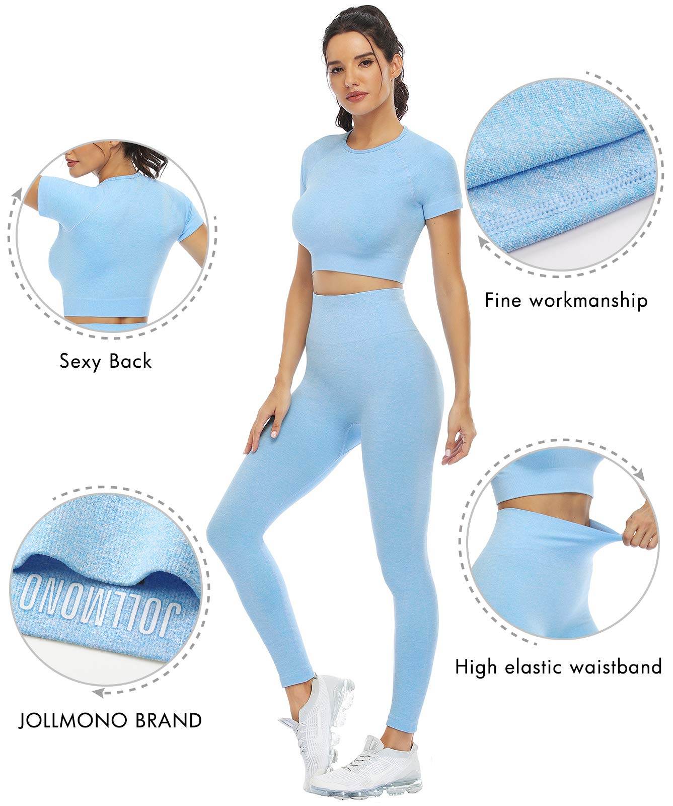 JOLLMONO 2 Piece Short Sleeve Outfits for Women Seamless Crop Tops Set for Women Workout Set(8005L-Light Blue) - zenfulharmony.com