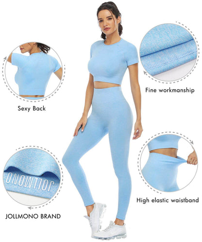 JOLLMONO 2 Piece Short Sleeve Outfits for Women Seamless Crop Tops Set for Women Workout Set(8005L-Light Blue) - zenfulharmony.com