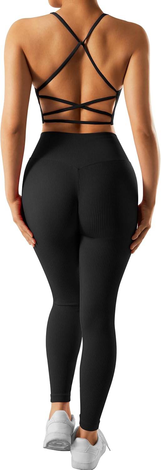 RXRXCOCO Ribbed Workout Sets for Women 2 Piece Backless Strappy Sports Bra Seamless Leggings Matching Set Yoga Outfits - zenfulharmony.com