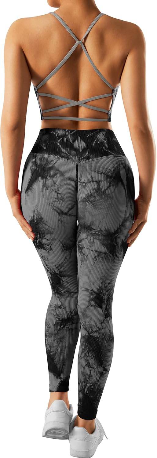 RXRXCOCO Ribbed Workout Sets for Women 2 Piece Backless Strappy Sports Bra Seamless Leggings Matching Set Yoga Outfits - zenfulharmony.com