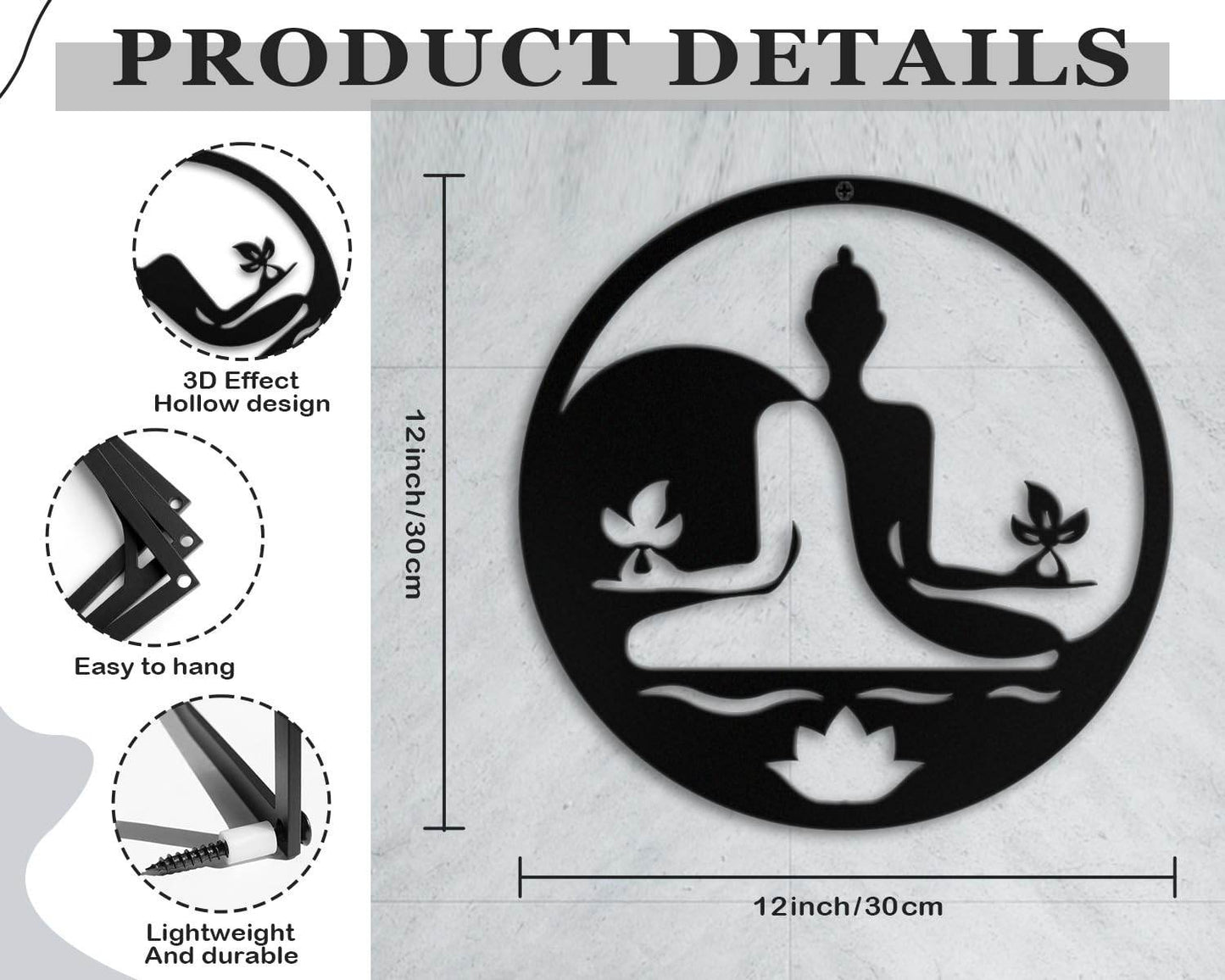 Kas Home Metal Zen Wall Decor Iron Buddha Wall Art Zen Lotus Spiritual Meditation Decor for Living Room Bedroom Yoga Studio Office Wall Décor (Black, 12x12inch) - zenfulharmony.com