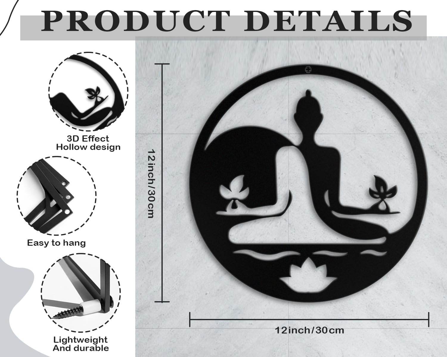 Kas Home Metal Zen Wall Decor Iron Buddha Wall Art Zen Lotus Spiritual Meditation Decor for Living Room Bedroom Yoga Studio Office Wall Décor (Black, 12x12inch) - zenfulharmony.com
