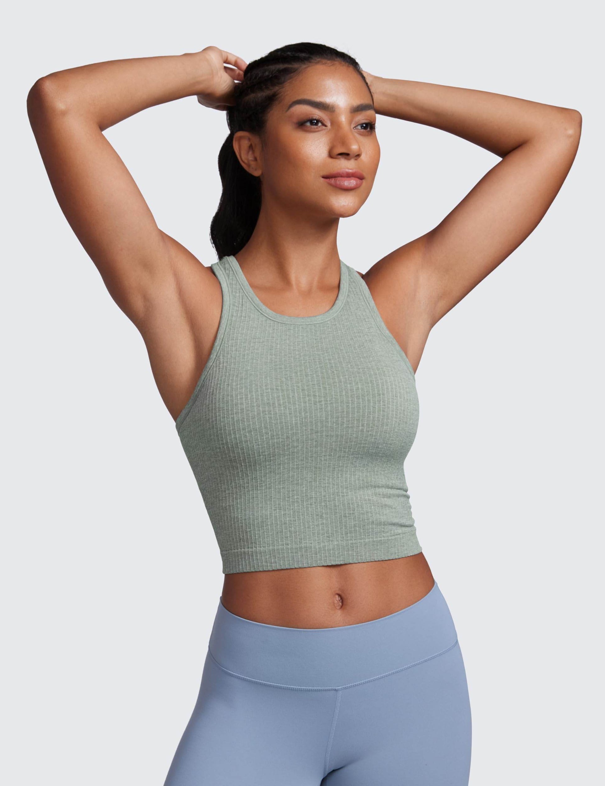 CRZ YOGA Womens Seamless Ribbed Longline High Neck Sports Bra - Racerback Padded Slim Fit Crop Tank Top with Built in Bra Dark Green Heather Medium - zenfulharmony.com