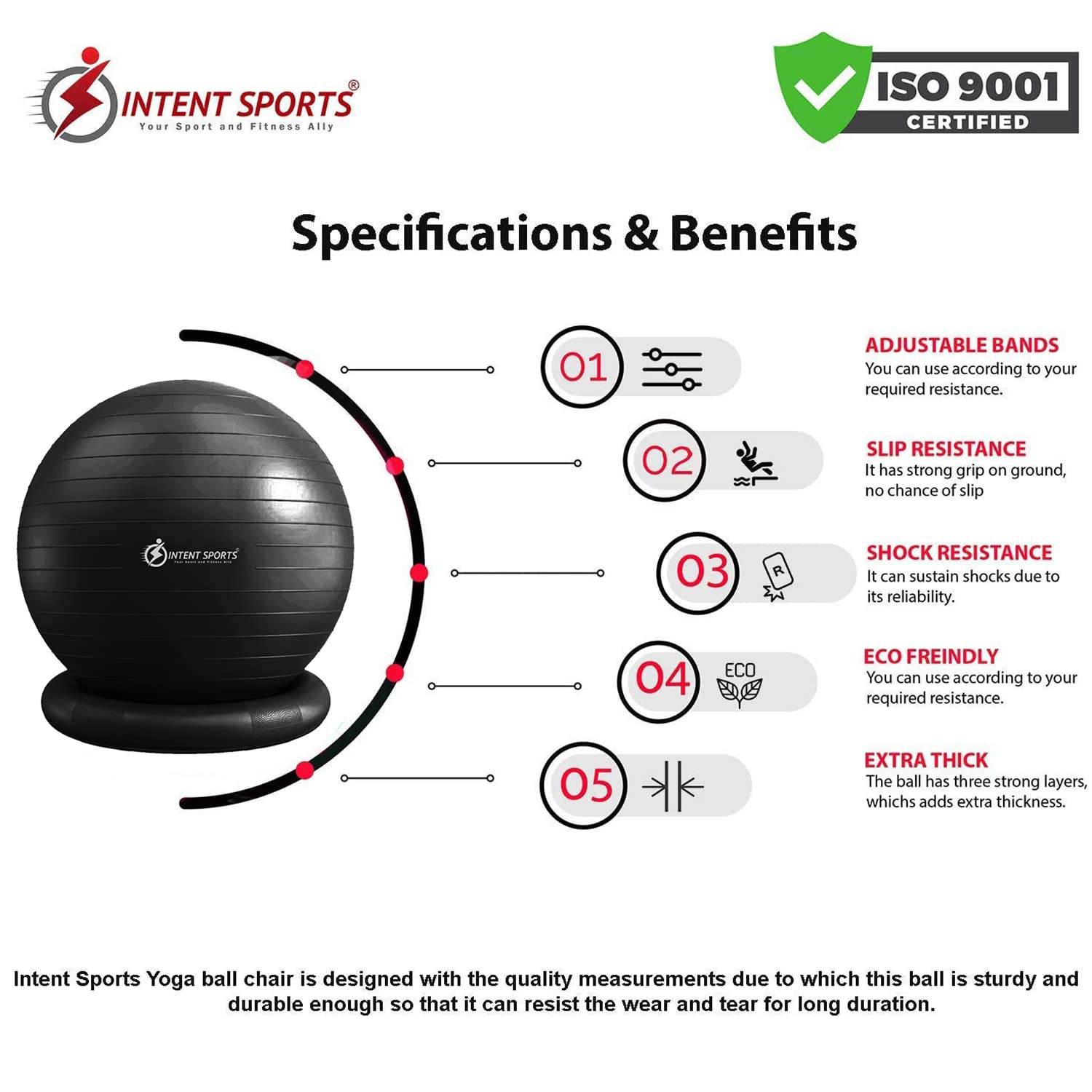 INTENT SPORTS Yoga Ball Chair – Stability Ball with Inflatable Stability Base & Resistance Bands, Fitness Ball for Home Gym, Office, Improves Back Pain, Core, Posture & Balance (65 cm)(Black) - zenfulharmony.com