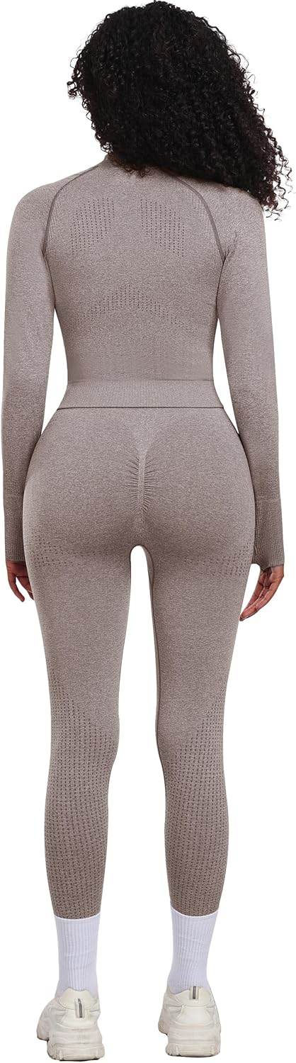 OLCHEE Womens Workout Sets 2 Piece - Seamless Yoga Outfits Long Sleeve Zipper Jacket High Waist Leggings Butt Lifting Gym Set - zenfulharmony.com