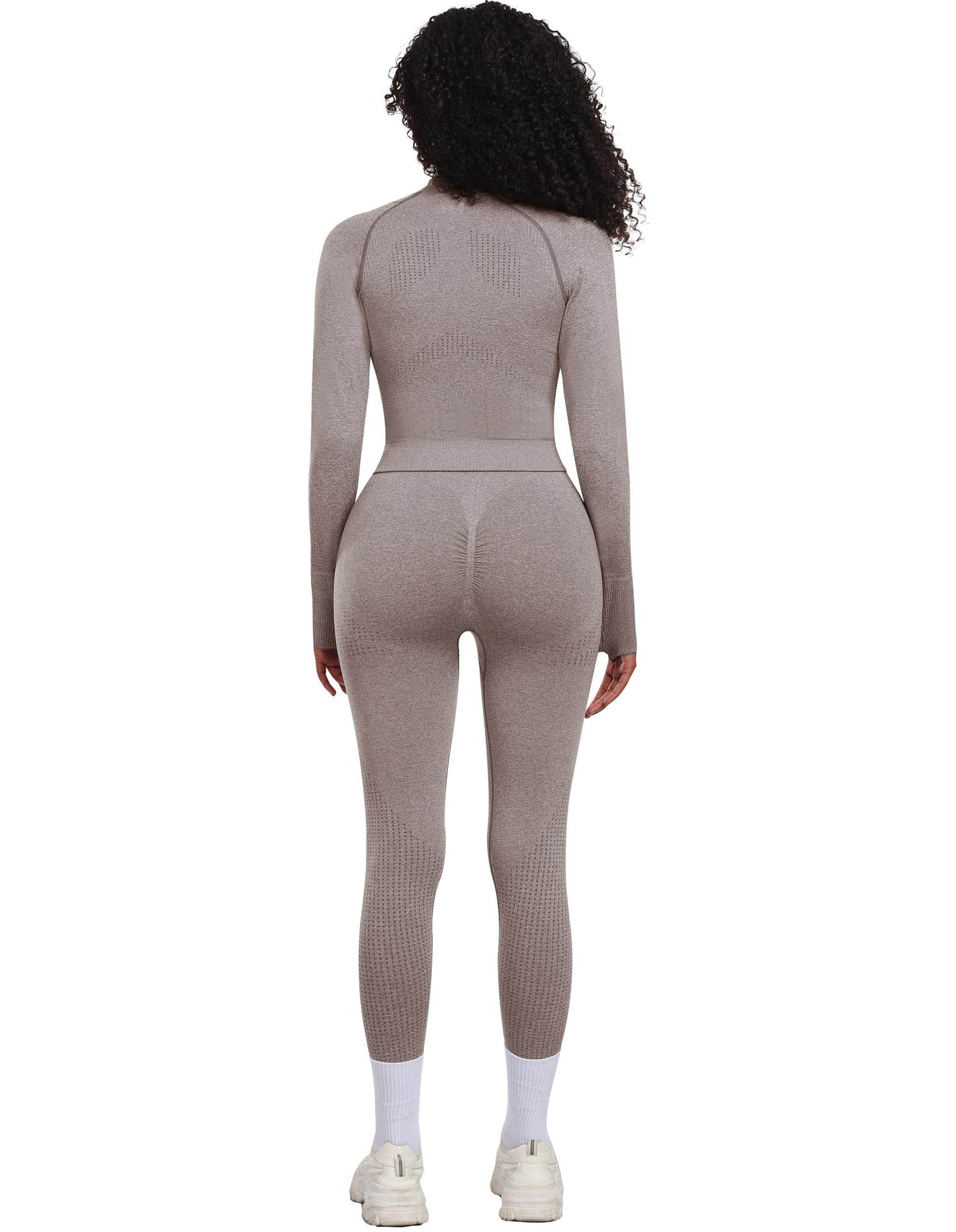 OLCHEE Womens Workout Sets 2 Piece - Seamless Yoga Outfits Long Sleeve Zipper Jacket and High Waist Leggings Butt Lifting Gym Set - Cream Medium - zenfulharmony.com