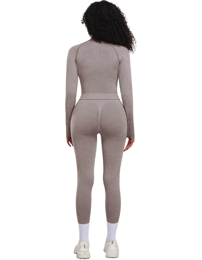 OLCHEE Womens Workout Sets 2 Piece - Seamless Yoga Outfits Long Sleeve Zipper Jacket and High Waist Leggings Butt Lifting Gym Set - Cream Medium - zenfulharmony.com