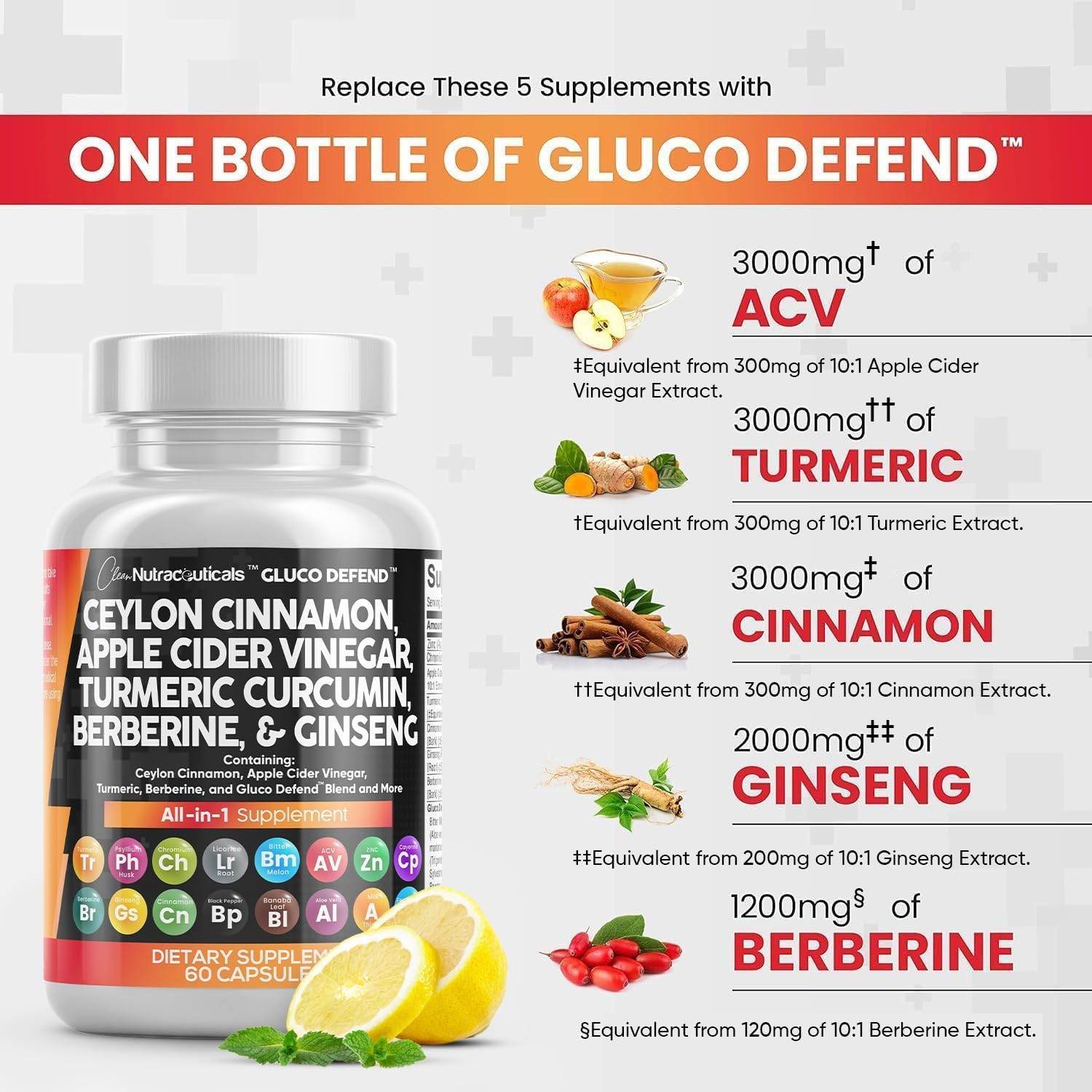 Clean Nutraceuticals Ceylon Cinnamon 3000mg Turmeric 3000mg Apple Cider Vinegar 3000mg Ginseng 2000mg Berberine 1200mg Plus Bitter Melon Gymnema Milk Thistle Fenugreek - zenfulharmony.com
