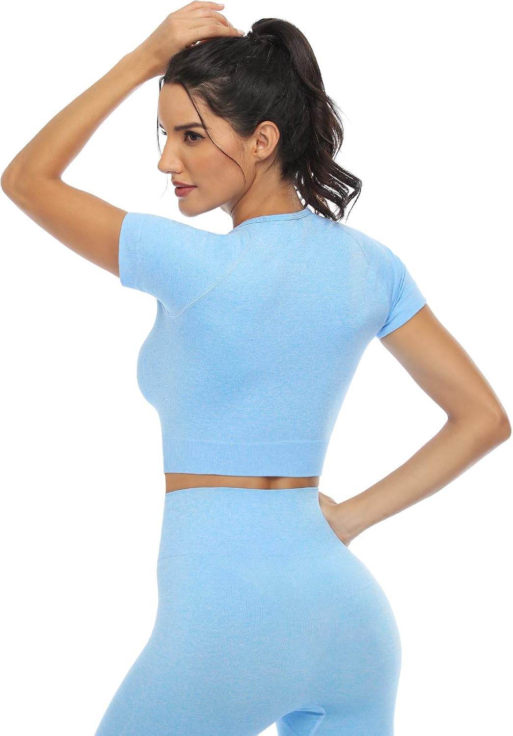 2 Piece Short Sleeve Outfits for Women Seamless Crop Tops Set for Women Workout Set - zenfulharmony.com