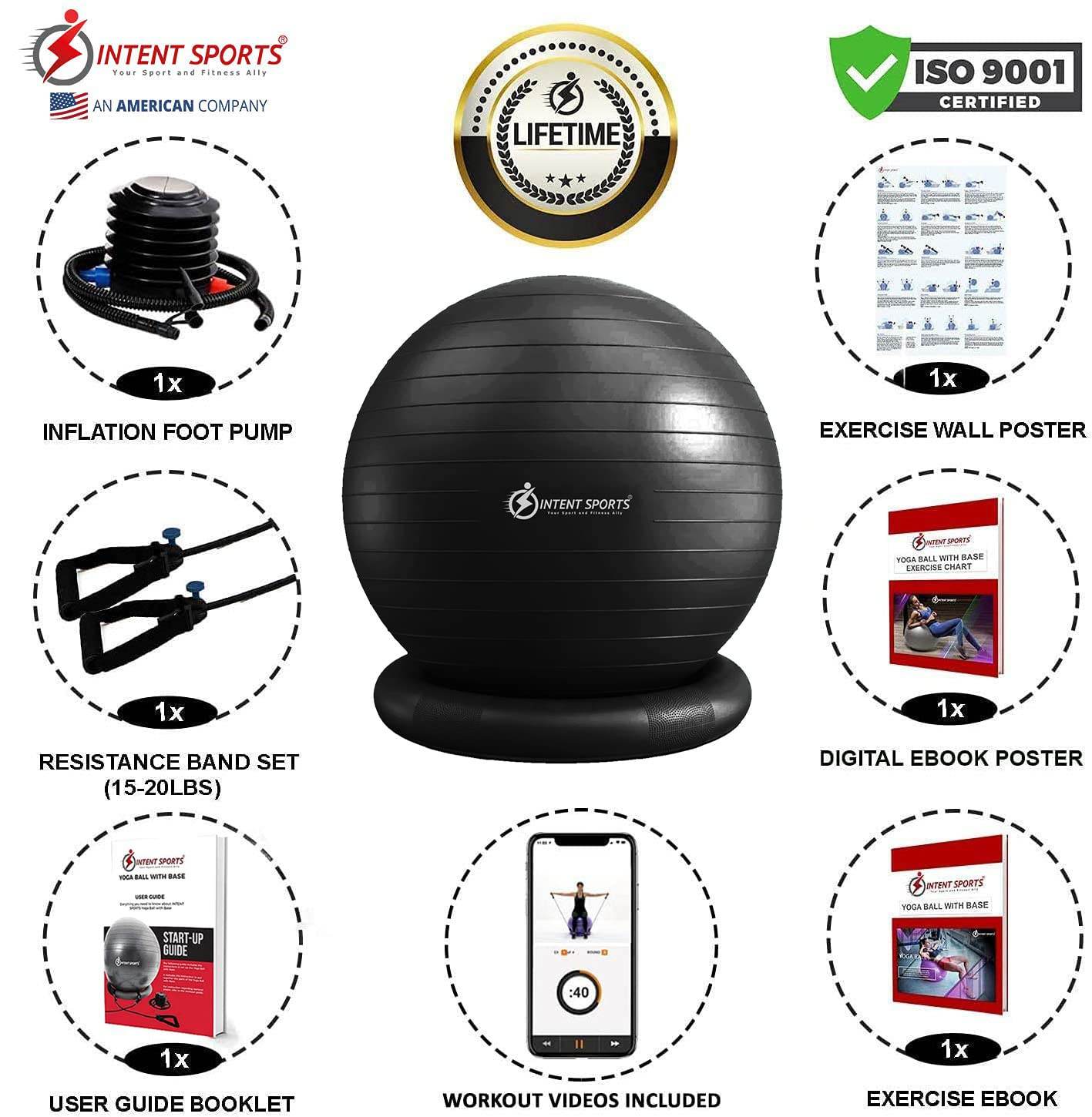 INTENT SPORTS Yoga Ball Chair – Stability Ball with Inflatable Stability Base & Resistance Bands, Fitness Ball for Home Gym, Office, Improves Back Pain, Core, Posture & Balance (65 cm)(Black) - zenfulharmony.com