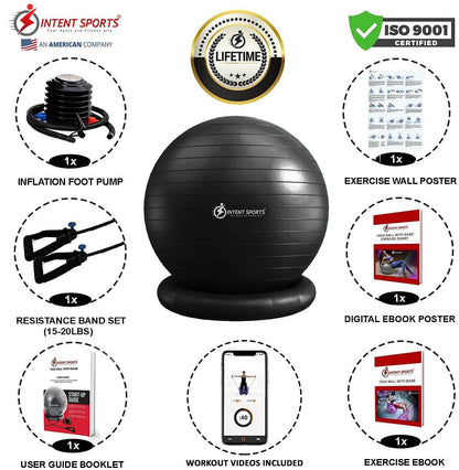 INTENT SPORTS Yoga Ball Chair – Stability Ball with Inflatable Stability Base & Resistance Bands, Fitness Ball for Home Gym, Office, Improves Back Pain, Core, Posture & Balance (65 cm)(Black) - zenfulharmony.com