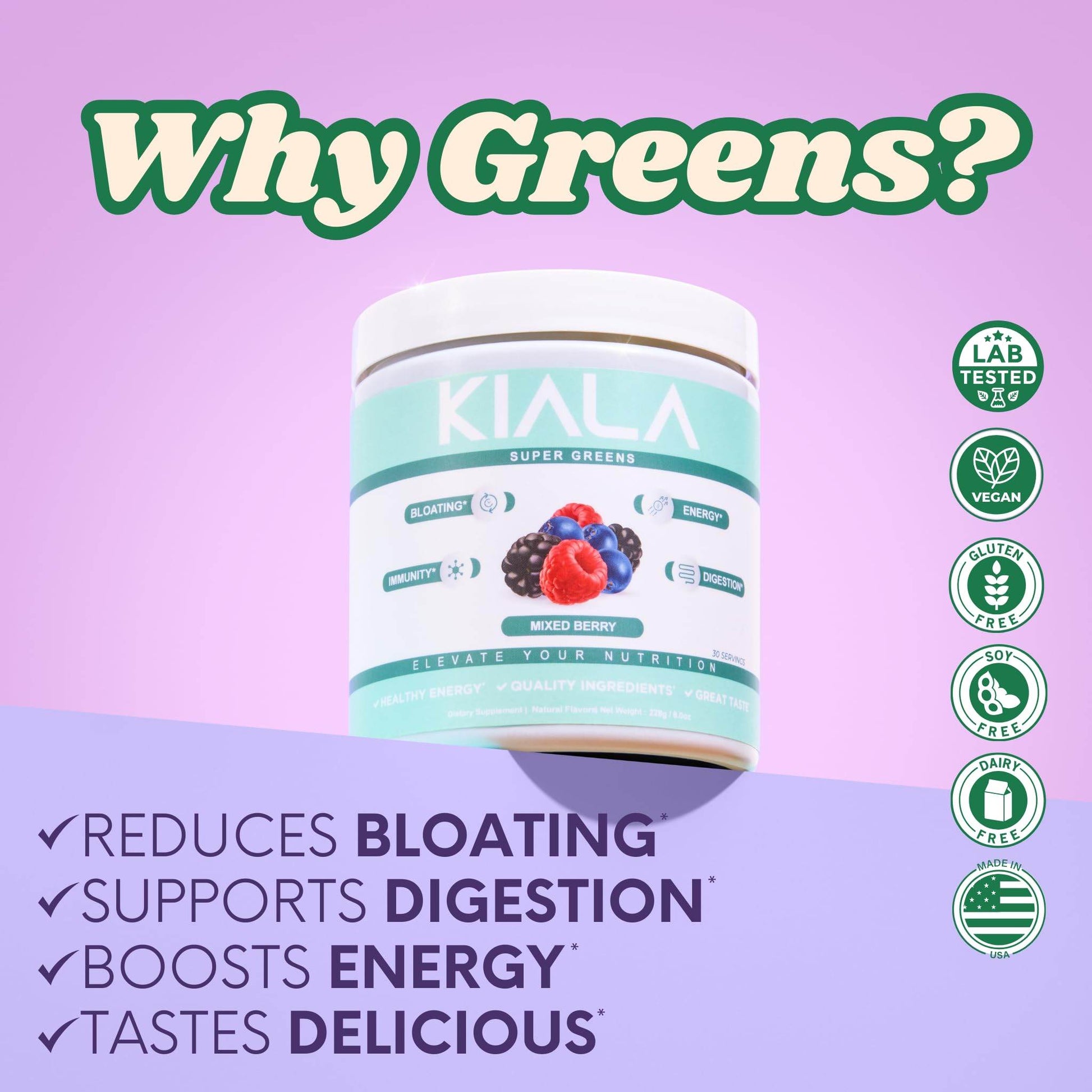 Kiala Nutrition Super Greens, Organic Greens Powder with Spirulina & Chlorella for Digestion, Gut Health, Immunity & Energy, Gluten Free, Vegan, Daily Support for Women, Mixed Berry, 30 Servings - zenfulharmony.com