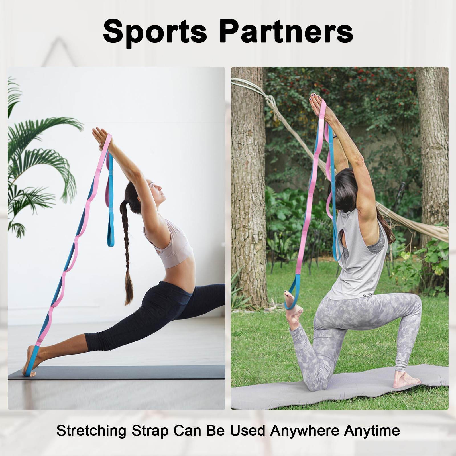 Amrules Yoga Strap for Stretching with 10 Loops Inelastic Soft Polyester Cotton Stretch Out Band for Exercise, Yoga, Pilates and Dance for Men and Women, Pink - zenfulharmony.com