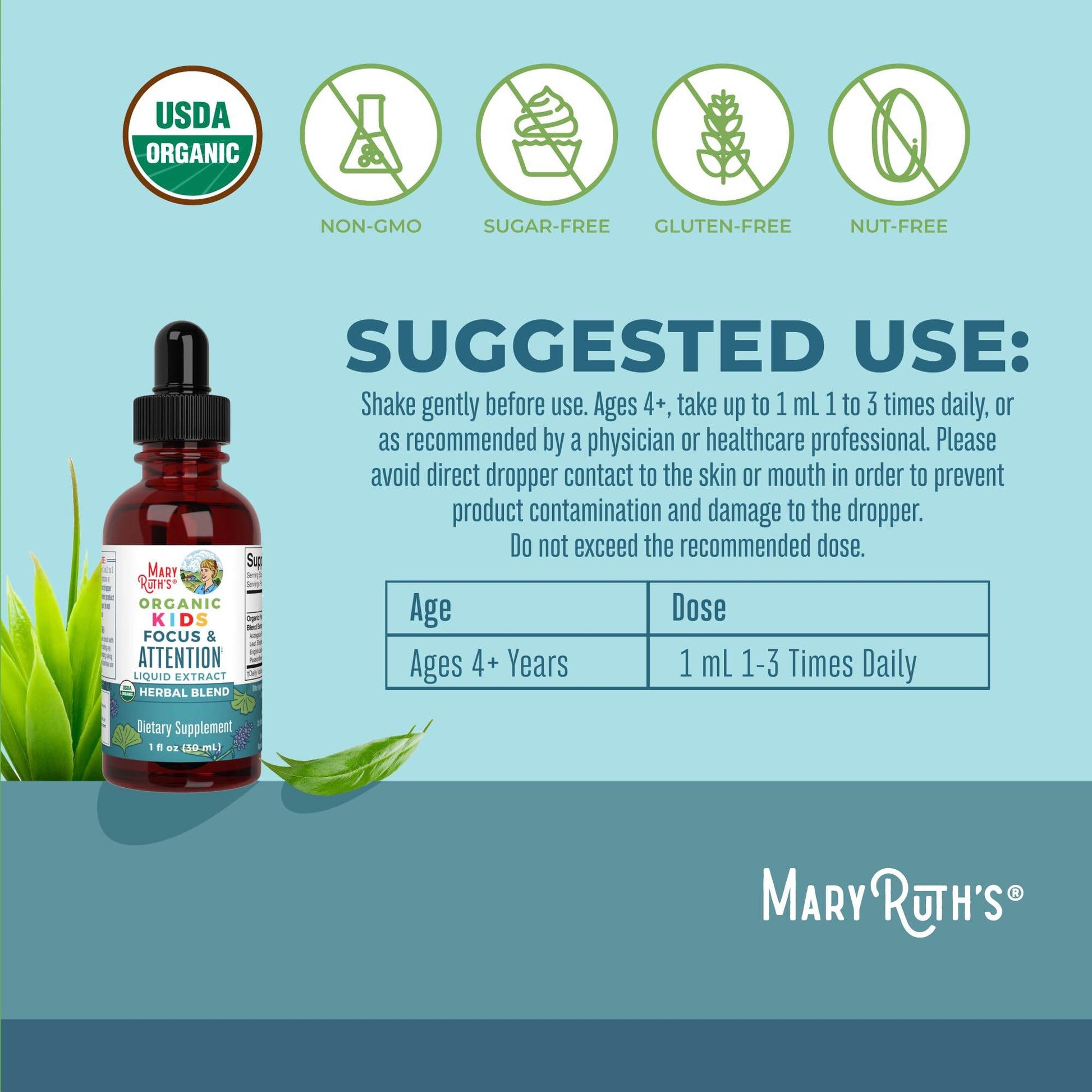 MaryRuth Organics Kids Brain Supplements for Memory and Focus, USDA Organic Drops with Ginkgo Biloba, Rhodiola Root & Licorice Root, Focus & Attention, Calm, Vegan, Non-GMO, Gluten Free, 30 Servings - zenfulharmony.com
