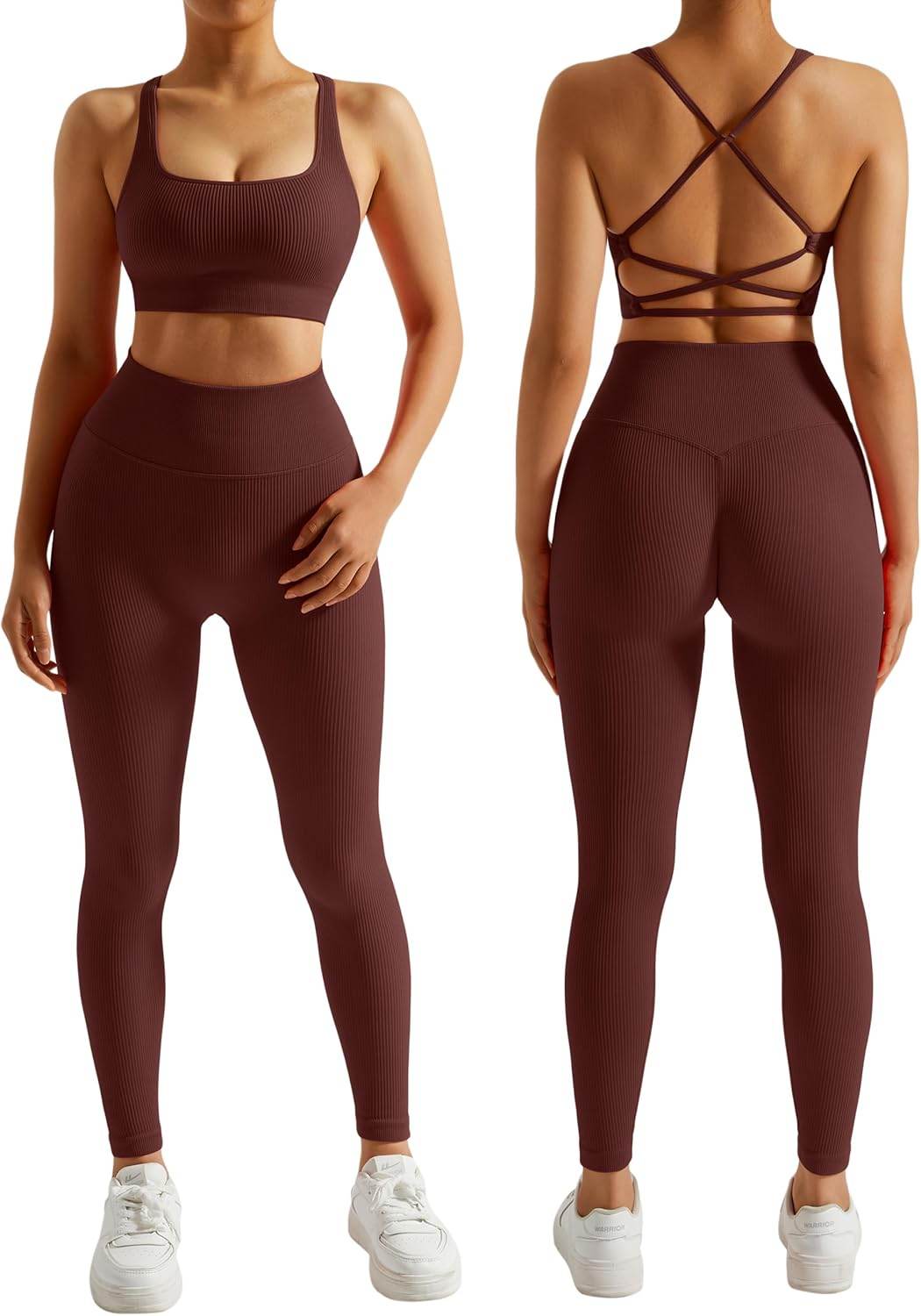 RXRXCOCO Ribbed Workout Sets for Women 2 Piece Backless Strappy Sports Bra Seamless Leggings Matching Set Yoga Outfits - zenfulharmony.com