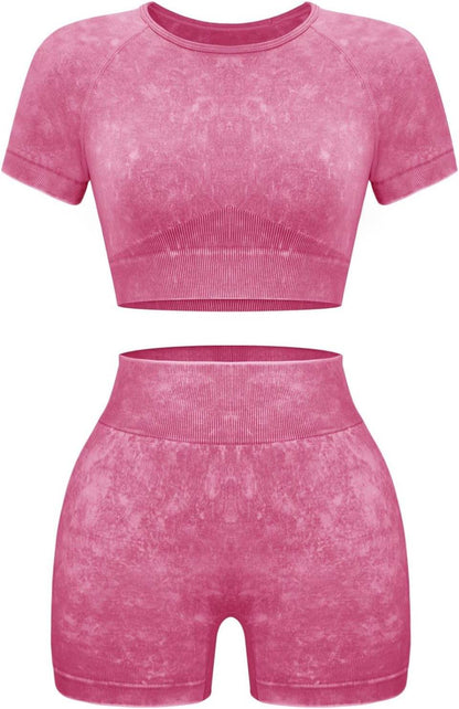 OLCHEE Womens Workout Sets 2 Piece - Seamless Acid Wash Yoga Outfits Shorts and Crop Top Matching Gym Athletic Clothing Set - zenfulharmony.com