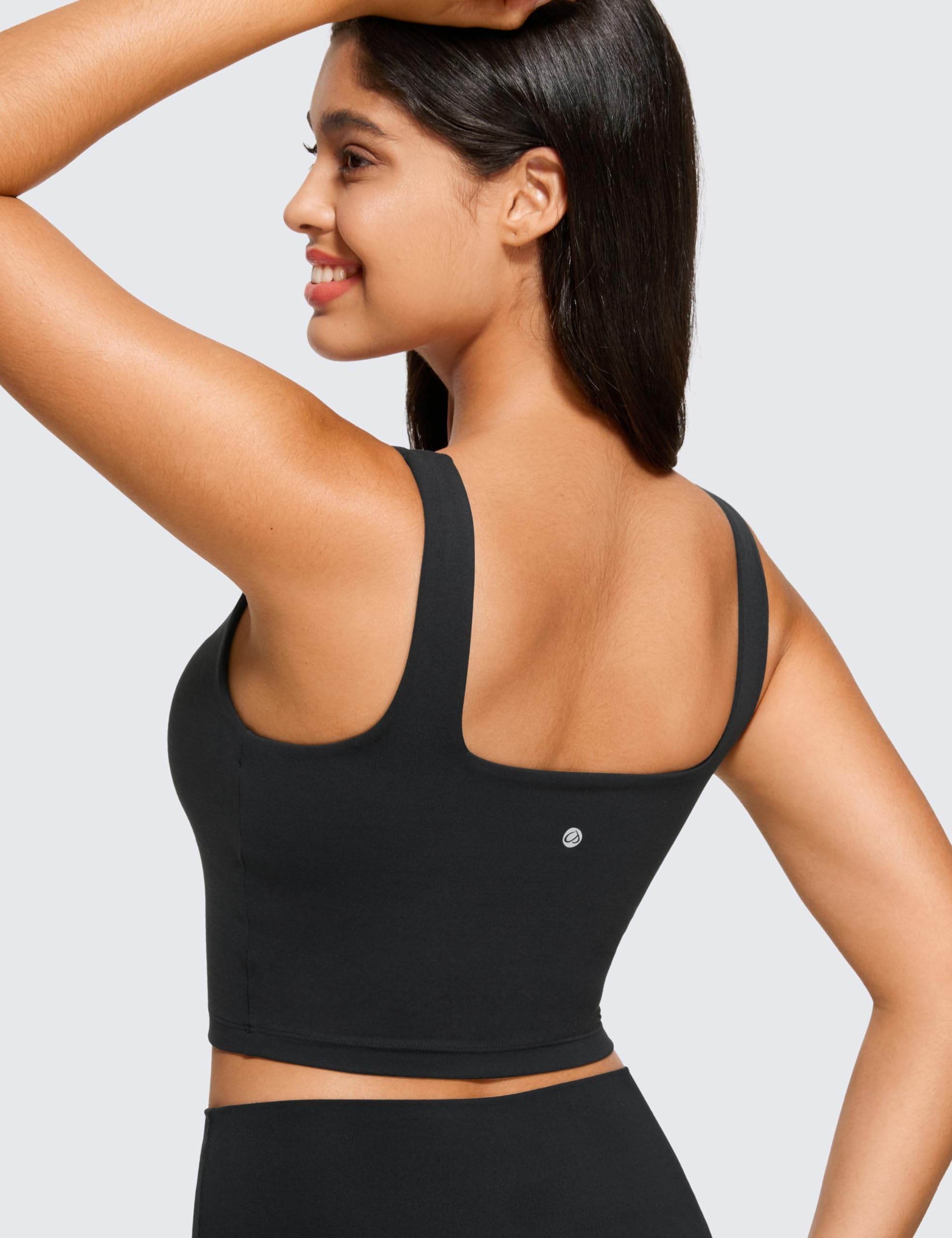 CRZ YOGA Butterluxe Womens Square Neck Longline Sports Bra - Workout Crop Tank Tops Padded with Built in Shelf Yoga Bra Black Medium - zenfulharmony.com