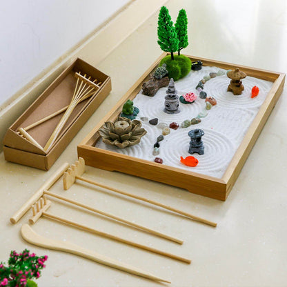 Desk Zen Garden Kit - 11x7.5in Mini Rock Garden Zen Gift Set for Home Office Desk Japanese Decor, Zen Sand Garden, 7 Tools, 21 Accessories.Bamboo Sand Tray Therapy Desktop Meditation Room Gifts - zenfulharmony.com