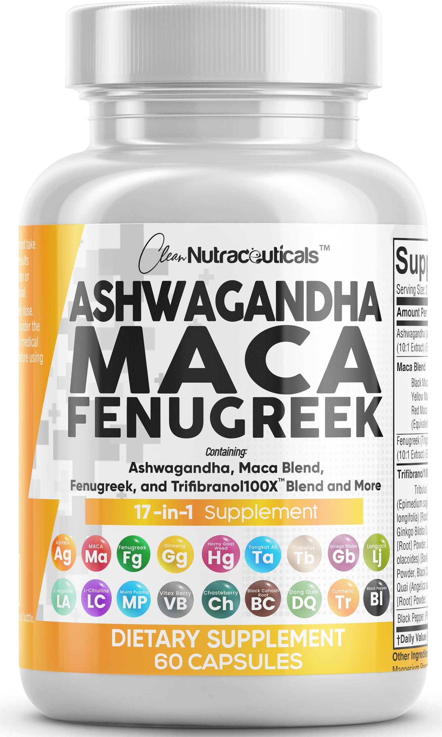 Clean Nutraceuticals Ashwagandha 5000mg Maca Root 2000mg Fenugreek 3000mg Supplement with Tongkat Ali Ginseng - Assists with Stress, Mood & Thyroid - Ashwagandha Capsules Fenugreek Caps - 60 Count - zenfulharmony.com