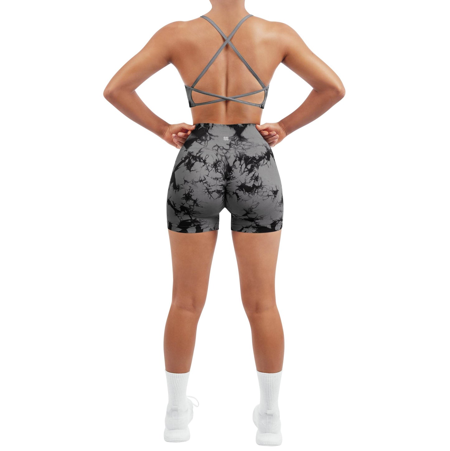 SUUKSESS Women Seamless 2 piece Workout Sets Strappy Padded Sports Bra Booty High Waisted Shorts Outfits (Black Grey,M) - zenfulharmony.com
