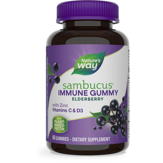 Nature’s Way Sambucus Elderberry Immune Gummies, Daily Immune Support for Kids and Adults*, with Vitamin C, Vitamin D3, Zinc, Gluten Free, Vegetarian, 60 Gummies (Packaging May Vary) - zenfulharmony.com