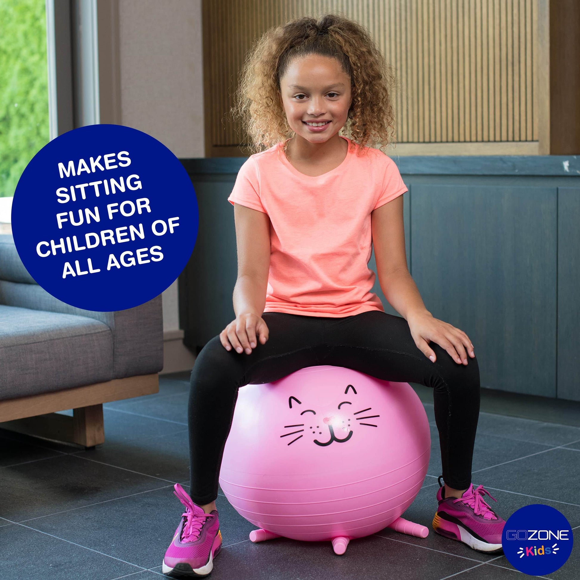 GoZone Kids Balance Ball Chair, Bounce Ball Desk Chair, Classroom Active Seating, 4 Stability Legs, includes Air Pump, Cat Design, Pink - zenfulharmony.com