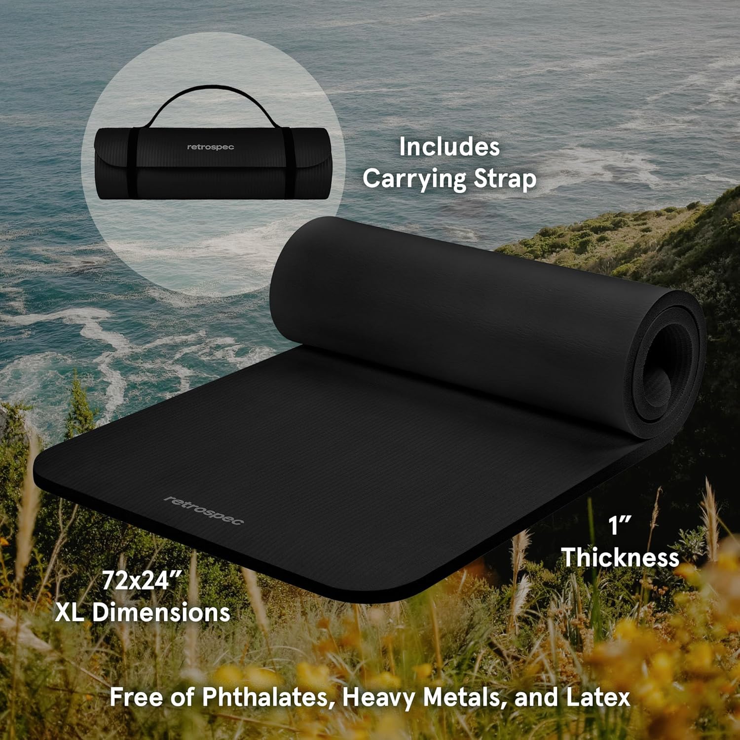 Retrospec Solana Yoga Mat 1" Thick With Nylon Carry Strap for Men & Women - Non Slip Exercise Mat for Home Yoga, Pilates, Stretching, Floor & Fitness Workouts - zenfulharmony.com