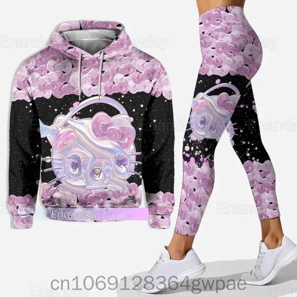 Kitty 3D Women's Hoodie and Leggings Suit Cute Hello Kitty Yoga Pants Sweatpants Fashion Sports Suit Set