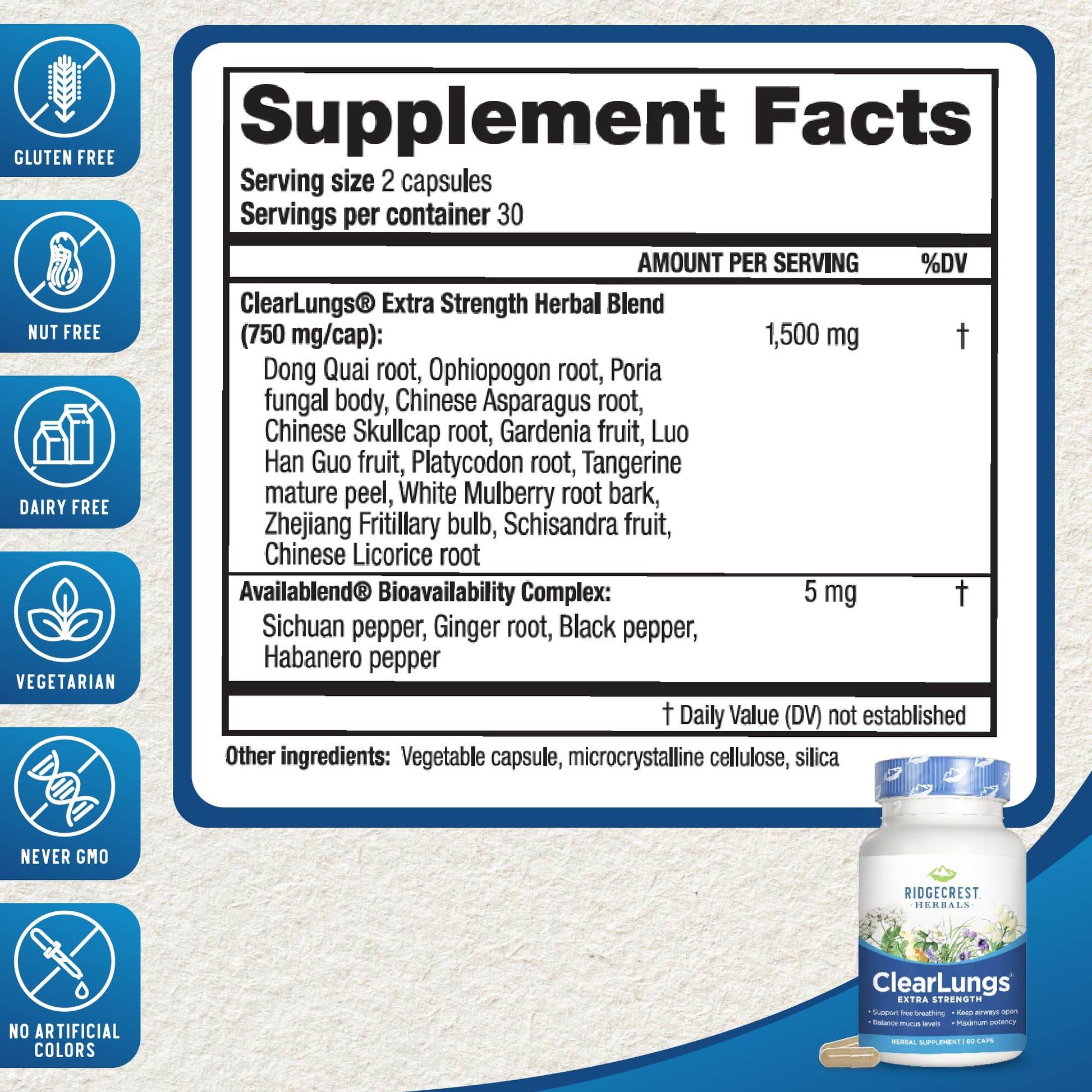 RidgeCrest Herbals ClearLungs Extra Strength, Natural Lung, Nasal Health Formula, Bronchial, Respiratory, Sinus, Mucus Support (60 Caps, 30 Serv) - zenfulharmony.com