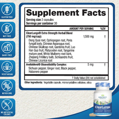 RidgeCrest Herbals ClearLungs Extra Strength, Natural Lung, Nasal Health Formula, Bronchial, Respiratory, Sinus, Mucus Support (60 Caps, 30 Serv) - zenfulharmony.com