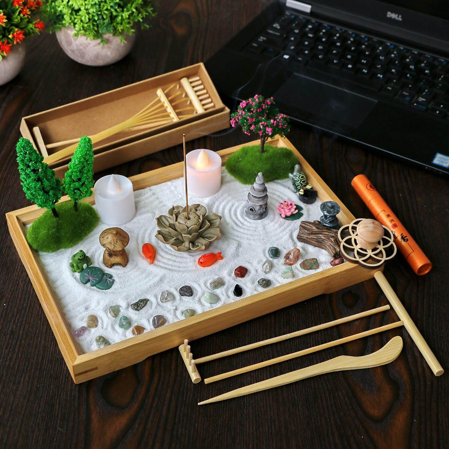 Desk Zen Garden Kit - 11x7.5in Mini Rock Garden Zen Gift Set for Home Office Desk Japanese Decor, Zen Sand Garden, 7 Tools, 21 Accessories.Bamboo Sand Tray Therapy Desktop Meditation Room Gifts - zenfulharmony.com