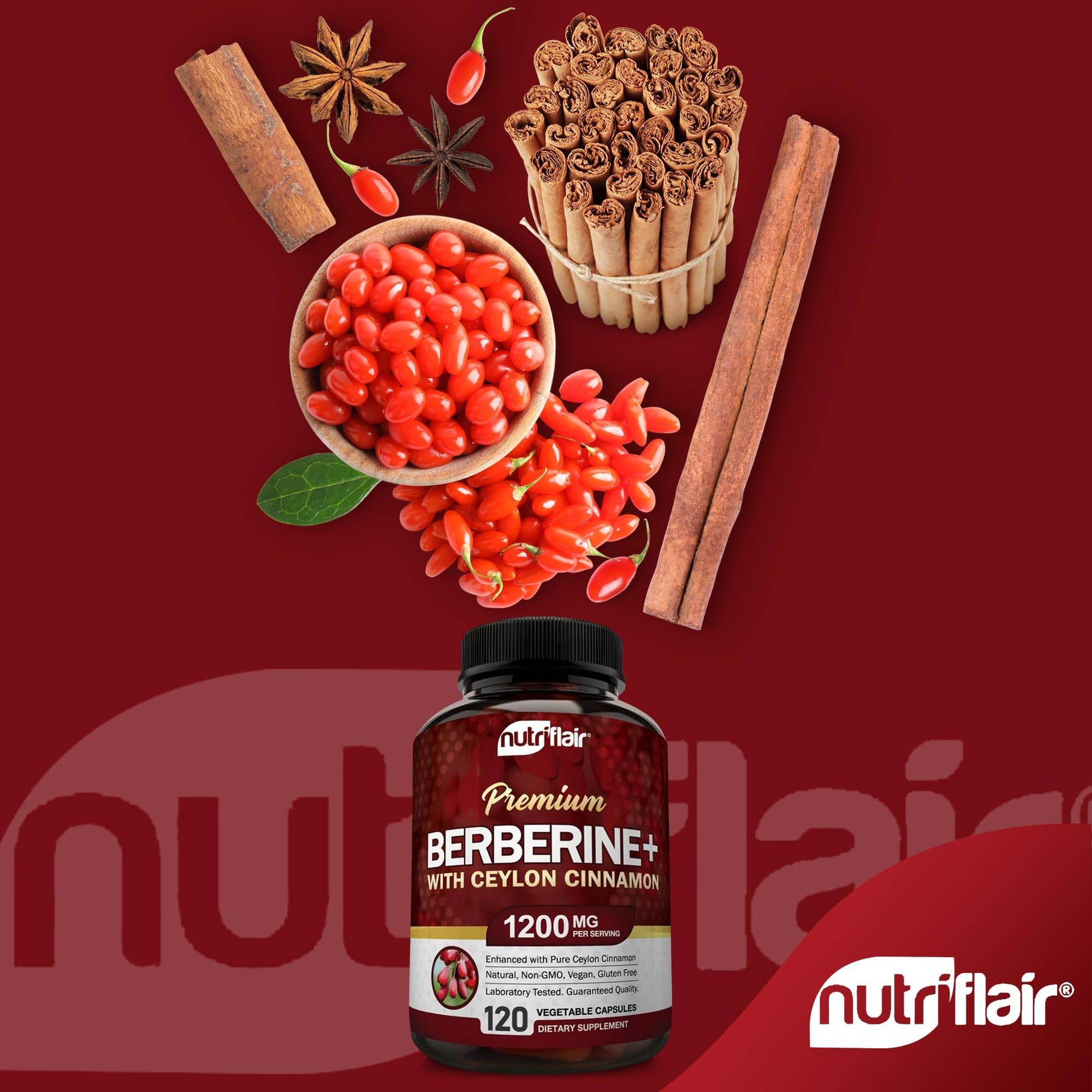NutriFlair Premium Berberine HCL 1200mg, 120 Capsules - Plus Pure True Ceylon Cinnamon, Berberine HCI Root Supplements Pills - Immune System - yields an Optimal 8% Berberine - zenfulharmony.com
