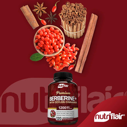 NutriFlair Premium Berberine HCL 1200mg, 120 Capsules - Plus Pure True Ceylon Cinnamon, Berberine HCI Root Supplements Pills - Immune System - yields an Optimal 8% Berberine - zenfulharmony.com