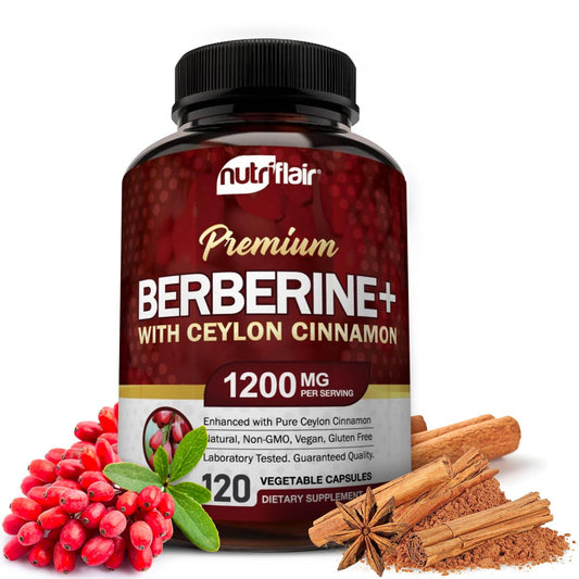 NutriFlair Premium Berberine HCL 1200mg, 120 Capsules - Plus Pure True Ceylon Cinnamon, Berberine HCI Root Supplements Pills - Immune System - yields an Optimal 8% Berberine - zenfulharmony.com