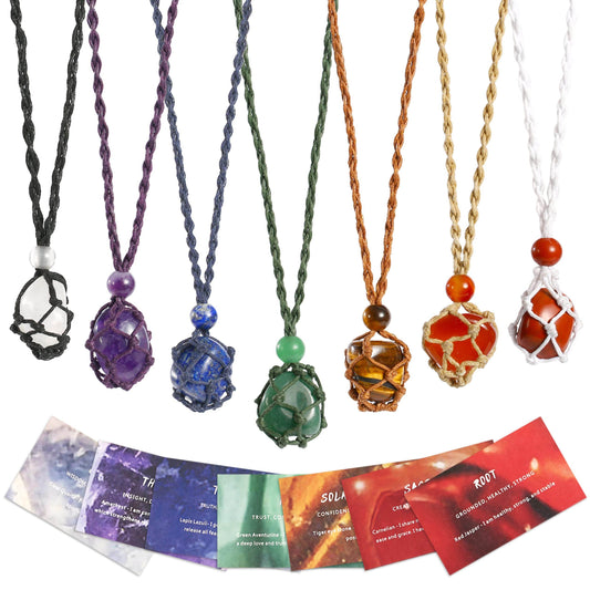 SANSWL 7 Chakra Healing Crystal Necklace Set - Boho Handmade Cord Cage and Hippie Energy Pendant Holder Real Crystal and Healing Stone Jewelry Spiritual Gift for Women Teen Christmas Gifts - zenfulharmony.com