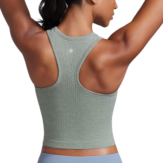 CRZ YOGA Womens Seamless Ribbed Longline High Neck Sports Bra - Racerback Padded Slim Fit Crop Tank Top with Built in Bra Dark Green Heather Medium - zenfulharmony.com