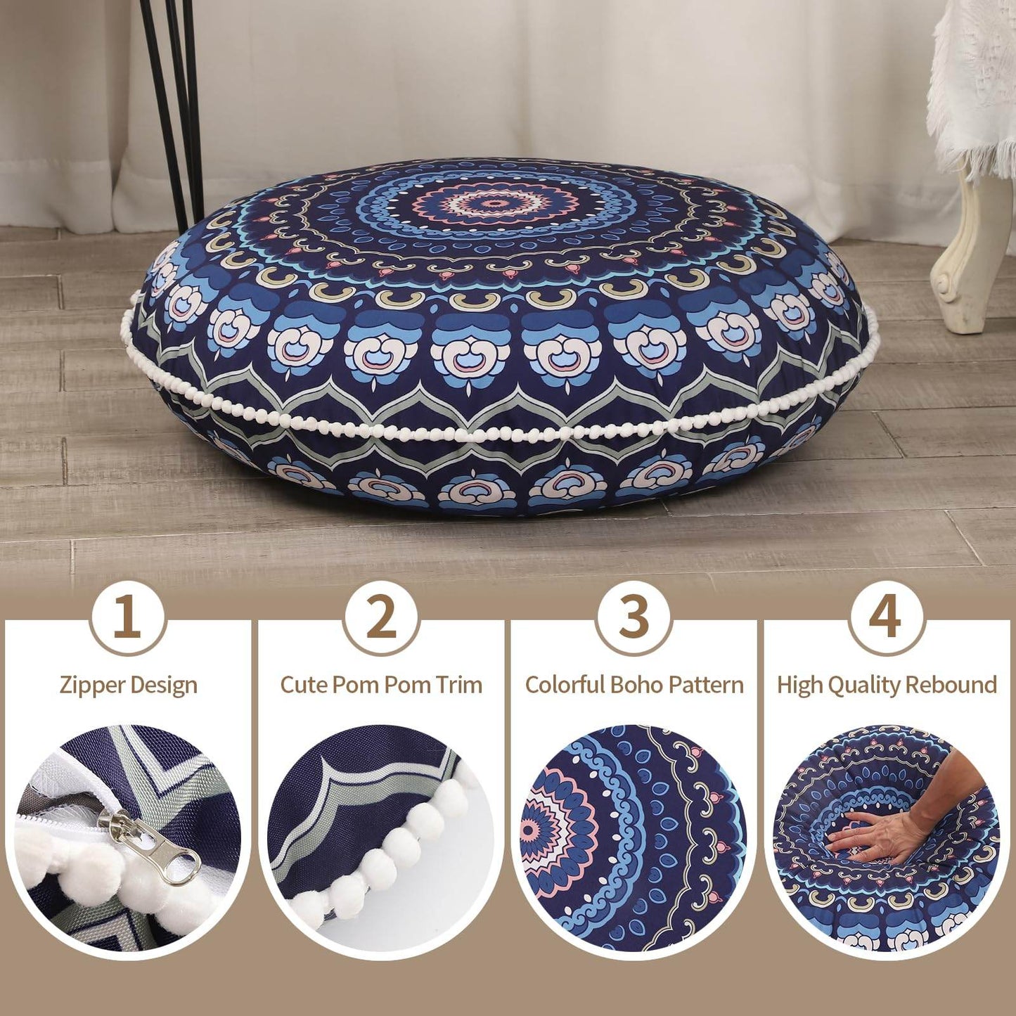 LOVMOC 32 inches Meditation Floor Cushion for Adults, Round Large Thick Floor Pillow, Memory Foam Filling, Navy Blue - zenfulharmony.com