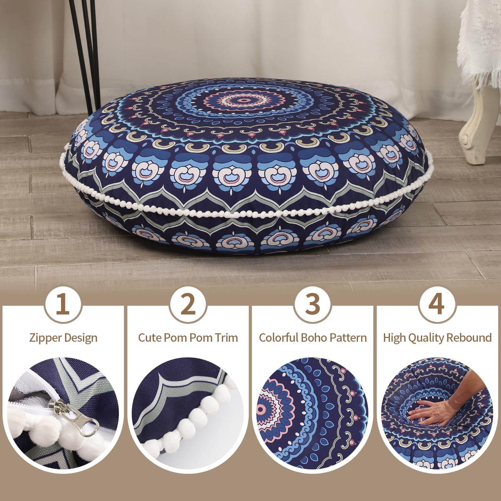 LOVMOC 32 inches Meditation Floor Cushion for Adults, Round Large Thick Floor Pillow, Memory Foam Filling, Navy Blue - zenfulharmony.com
