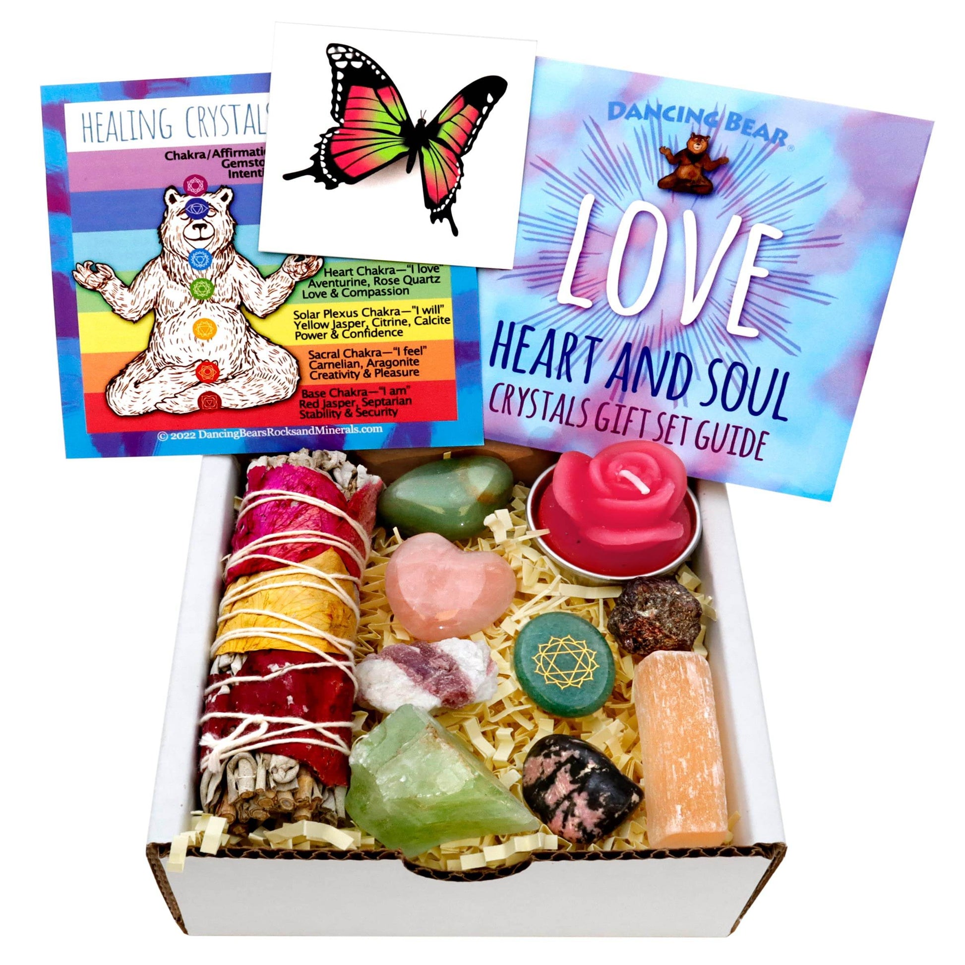 DANCING BEAR Healing Crystals (11 pc) Gift Set to Attract & Share Love, Rose Quartz Heart, Pink Tourmaline, Sage, Rhodonite, Butterfly Tattoo, Aventurine Heart Chakra Stone, Selenite, Made in The USA - zenfulharmony.com