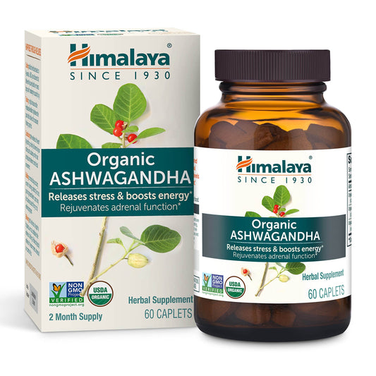 Himalaya Organic Ashwagandha, 60 Day Supply, Herbal Supplement for Stress Relief, Energy Support, Occasional Sleeplessness, Organic, Non-GMO, Vegan, Gluten Free, 670 mg, 60 Caplets - zenfulharmony.com